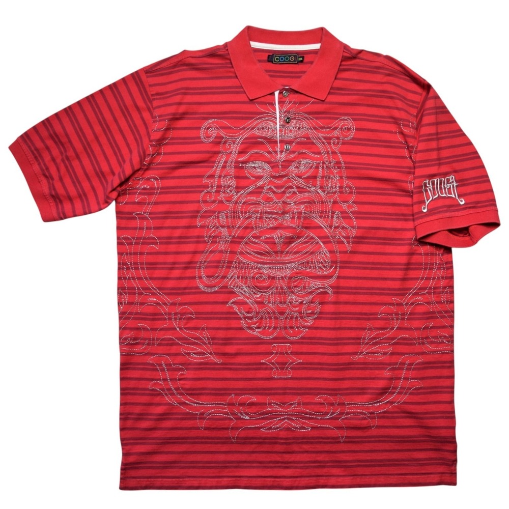 COOGI 3XL XXXL Y2K Embroidered Tribal Lion Red Striped Polo Shirt Vtg Hip Hop